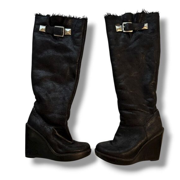 MICHAEL Michael Kors Calista Knee-High Platform Wedge Boots Faux Suede Faux Fur - Picture 2 of 9